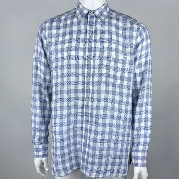 Johnston & Murphy Linen‎ Shirt Mens L EUC Blue Long Sleeve Button-Up Lightweight - Picture 1 of 10